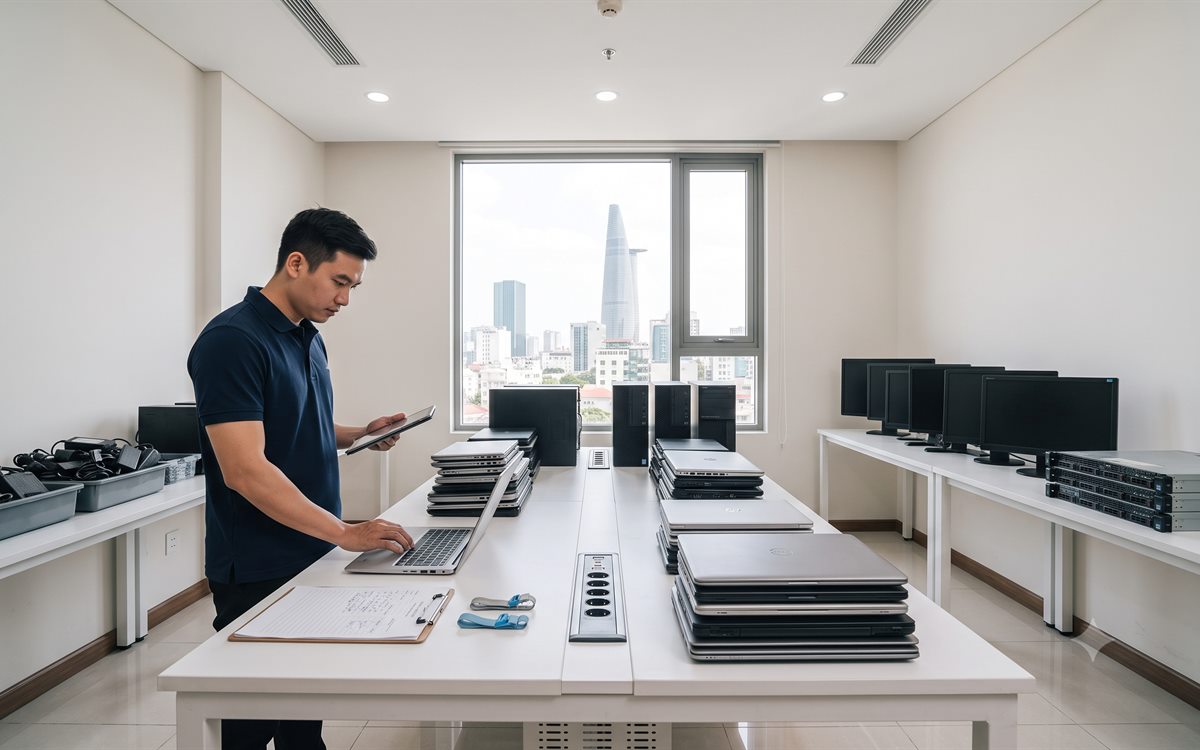 Kỹ thuật viên Thanh Lý 24H kiểm tra laptop, máy tính bàn và màn hình cần thanh lý tại TP.HCM